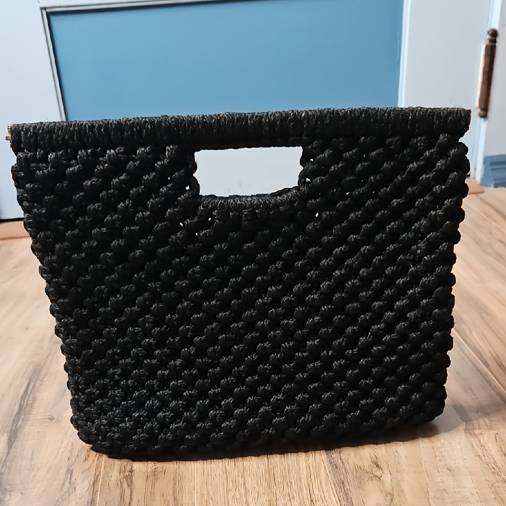 Vintage Women's macramé Crochet Black Woven Tote Bag